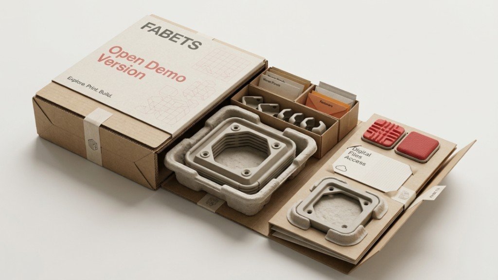 FABETS Open Demo Version — Explore, Print, Build: Rahmen, Verbinder, Recycling-Panels und Digital Files Access