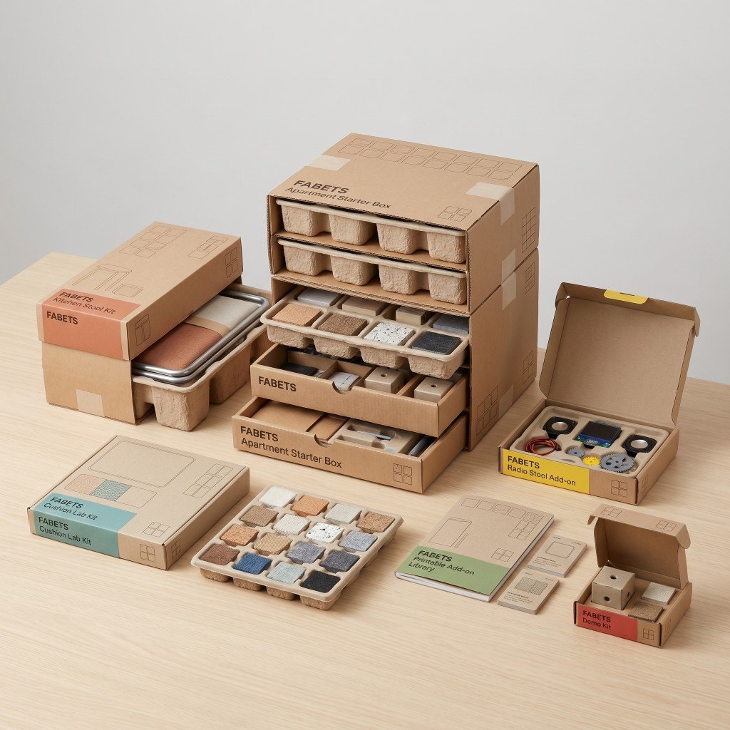 FABETS Business Starter Kit — Kitchen Stool, Cushion Lab, Apartment Starter Box und Add-ons in Kartonverpackungen