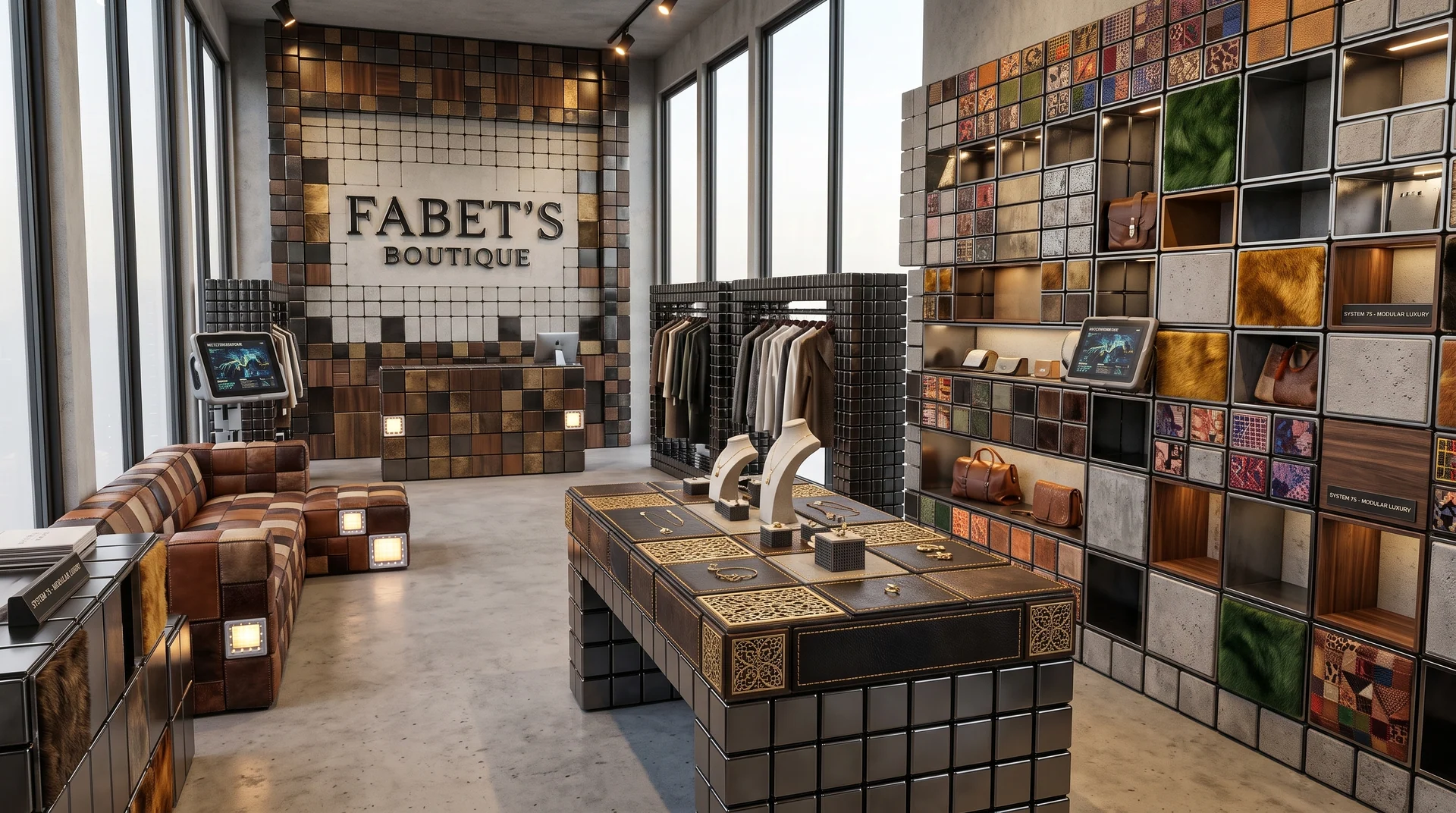 Eine Boutique mit modularen Wandregalen, Verkaufstisch, Sitzbank und Kleiderstange.